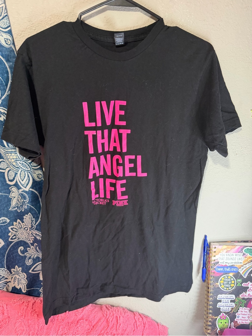 PINK Victoria's Secret Black Tee with Hot Pink 'Live That Angel Life' Print